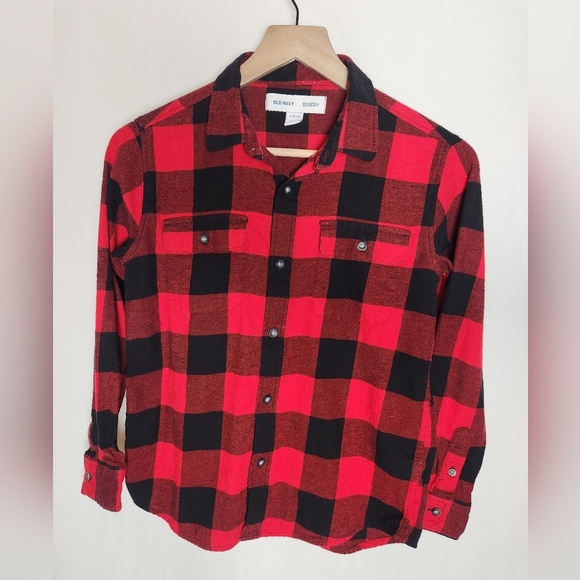 Old Navy Black Red Buffalo Plaid Button Down Shirt Girls Large 10 12 - Picture 1 of 4